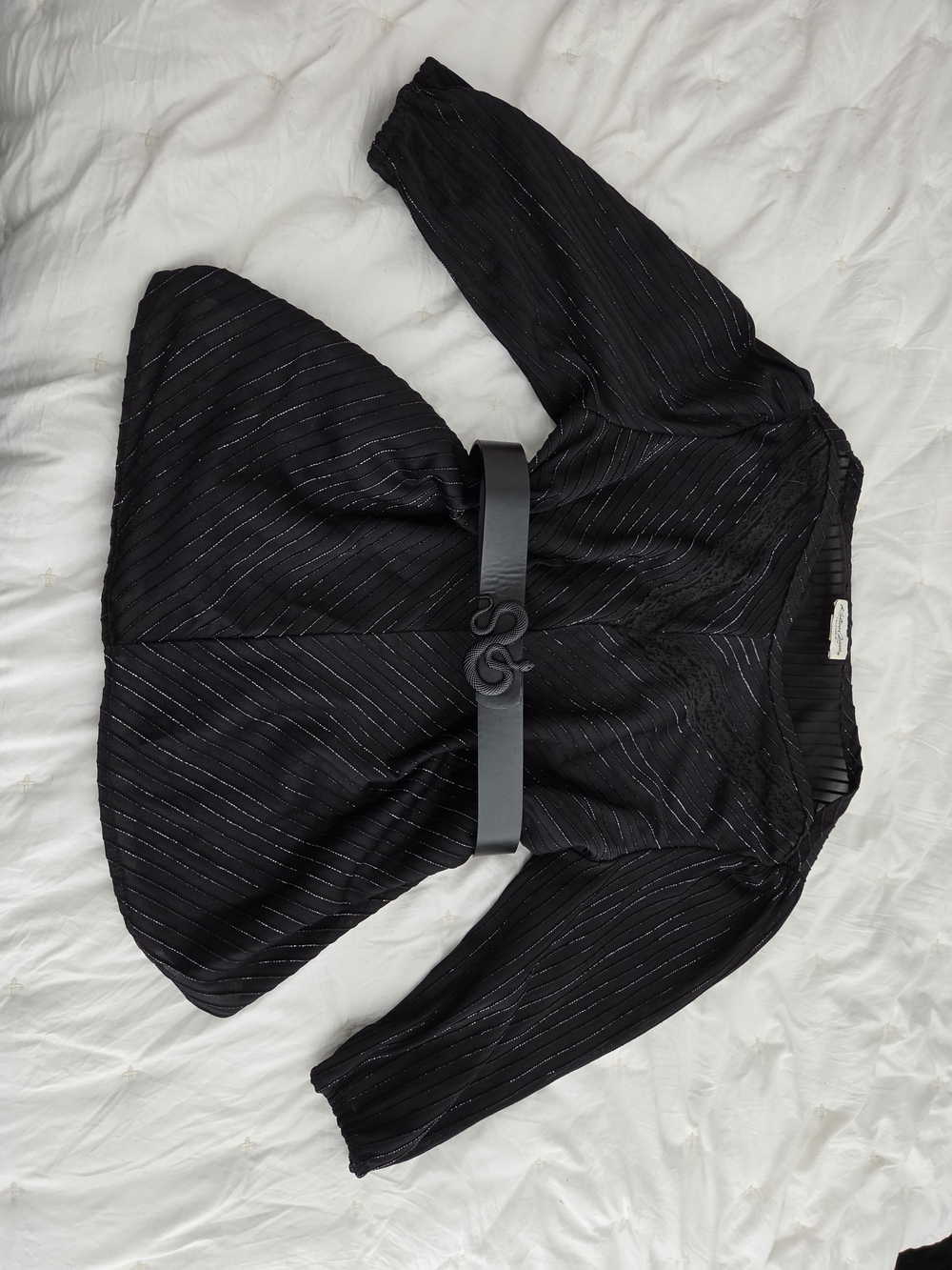 Black Long-Sleeve Metallic Pinstripe Top with Waist Belt